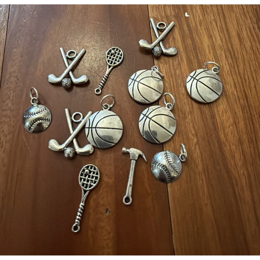 Silver Sports Charms Bracelet Necklace Charm Lot Of 12 Tennis Baseball